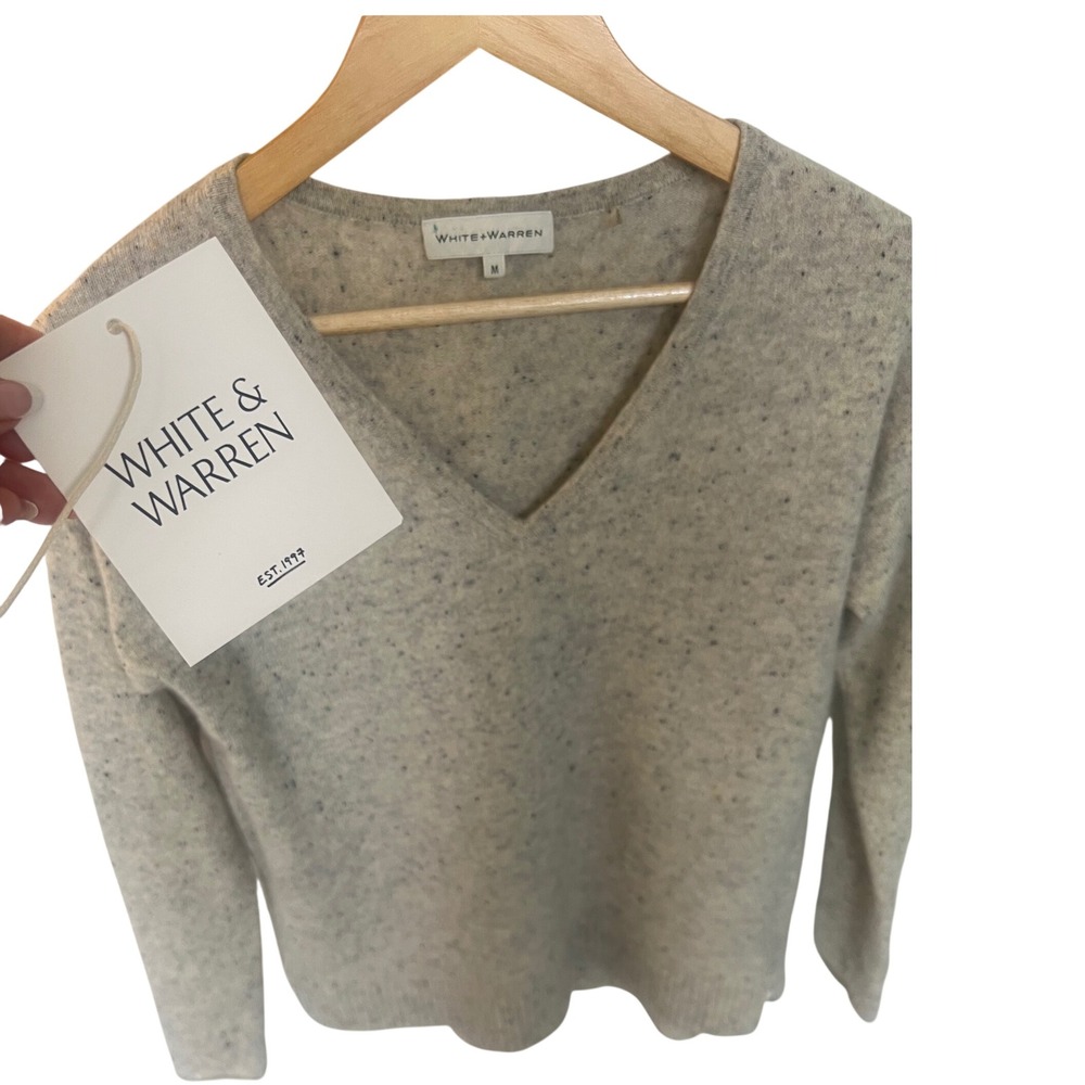 White + Warren $365 Cashmere V neck Sweater Grey Donegal Speckled Knit Size M